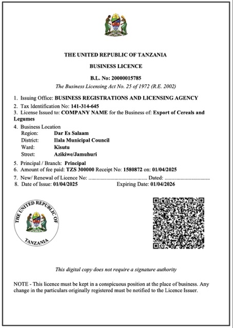 Tanzania business licence Word and PDF template